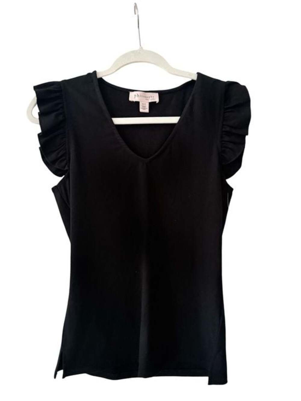 NWT philosophy Black Ruffle Sleeve V-Neck Women's Top Size XS